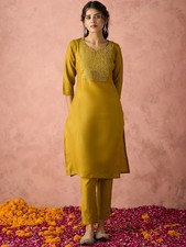 Women Rust Orange Embroidered Kurta Pant Set Indian Ethnic Wear Casual Suit
