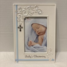 DEMDACO Nat  Jules Baby  s Christening Ceramic Picture Frame / Cross  4  x 6  