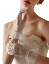 Women's Short Pearls Lace Mesh Gloves Tulle Bridal Tea Party One Size Ivory