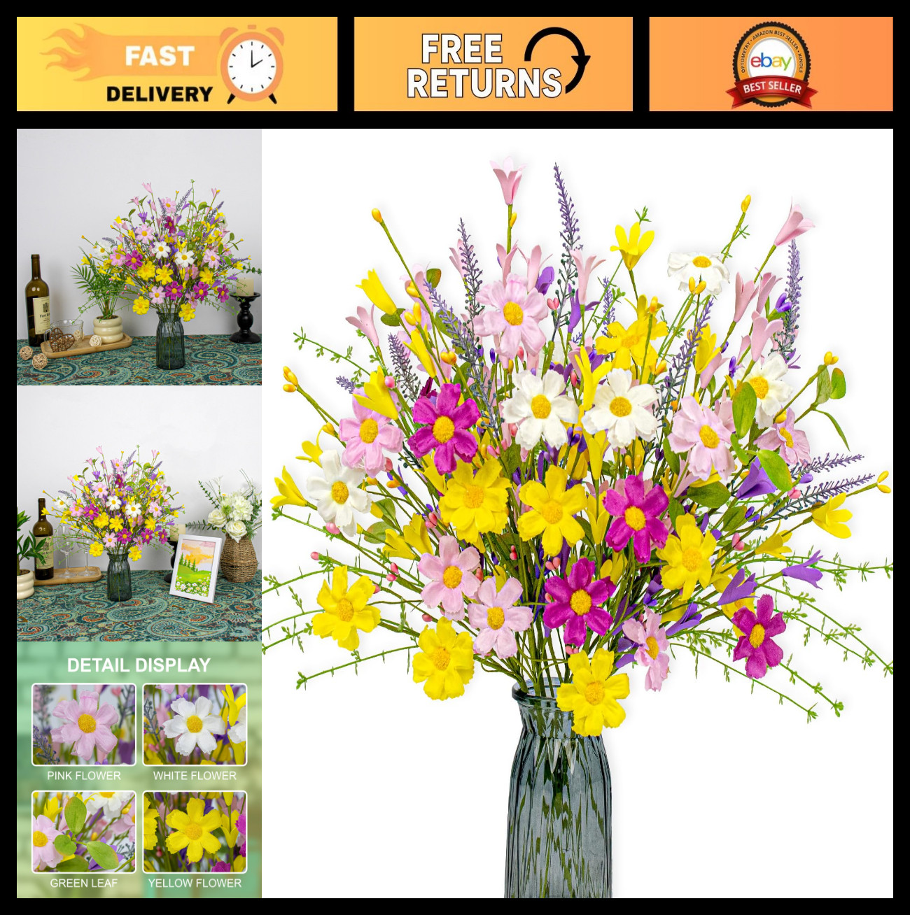 18 Pack Artificial Spring Flowers - 17" Colorful Daisies & Forsythia Stems for A