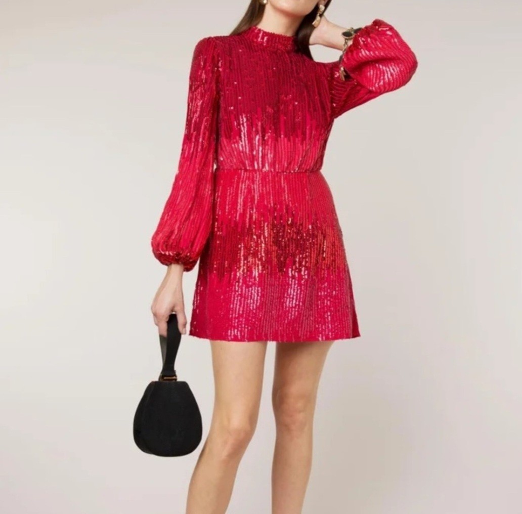RIXO London Red Sequin Mini Dress Women's Size Large Long-sleeved