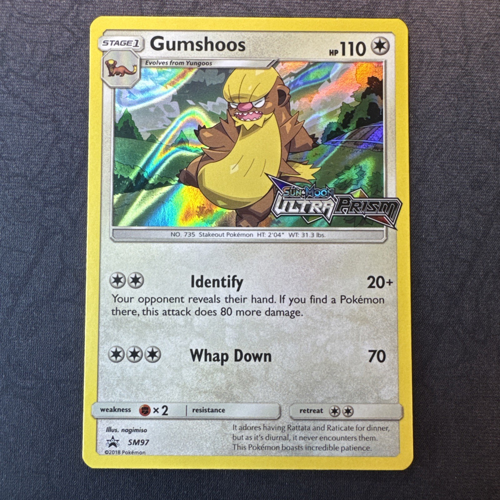 Gumshoos Prerelease SM97 Ultra Prism Stamp Holo Sun & Moon Pokemon