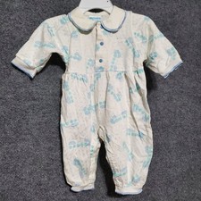 Vintage 90s One Piece Infant Romper Playsuit 6 Mos Blue Knit Trains Embroidered