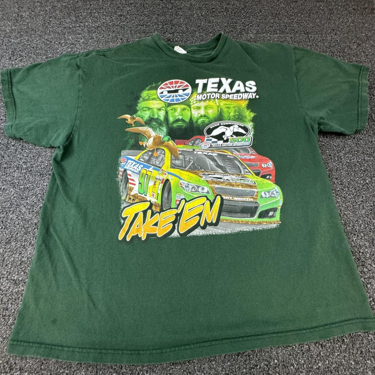 Duck Dynasty Race Shirt Mens L Green Texas Motor Speedway Racing Take'Em Graphic