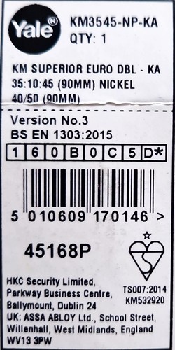Yale 1 STAR KM Par Euro Doble Cilindro - Llave Igual 40:50 (90 mm) Níquel - Imagen 3 de 5