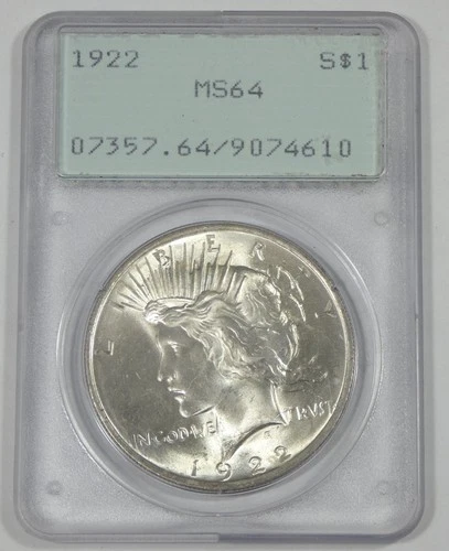 1922 Silver Peace Dollar CERTIFIED PCGS MS 64 Old Green "Rattler" Holder
