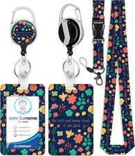 ID Badge Holder with Lanyard and Retractable Badge Reel Clip, Cute Flower Floral