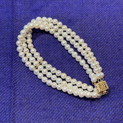 Vintage 14k Zuchtperlen Jacmel 3-Strang Armband 7 Zoll