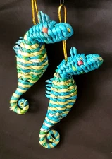 UPCYCLED FOLK-ART BASKET WOVEN PAPER SEA HORSES (X2) CHRISTMAS ORNAMENTS