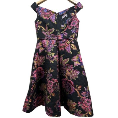 adrianna papell black floral dress ADRIANNA PAPELL Off Shoulder Tea Length Lined Metallic Floral Dress Black 8
