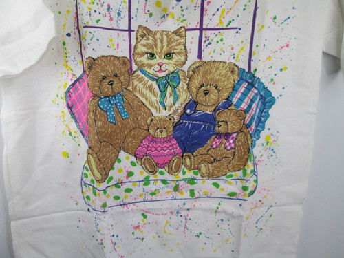 Vintage 90s Basic Editions T Shirt Girls Sz 14/16 Kitty Cat Teddy Bear NWT - Picture 2 of 7