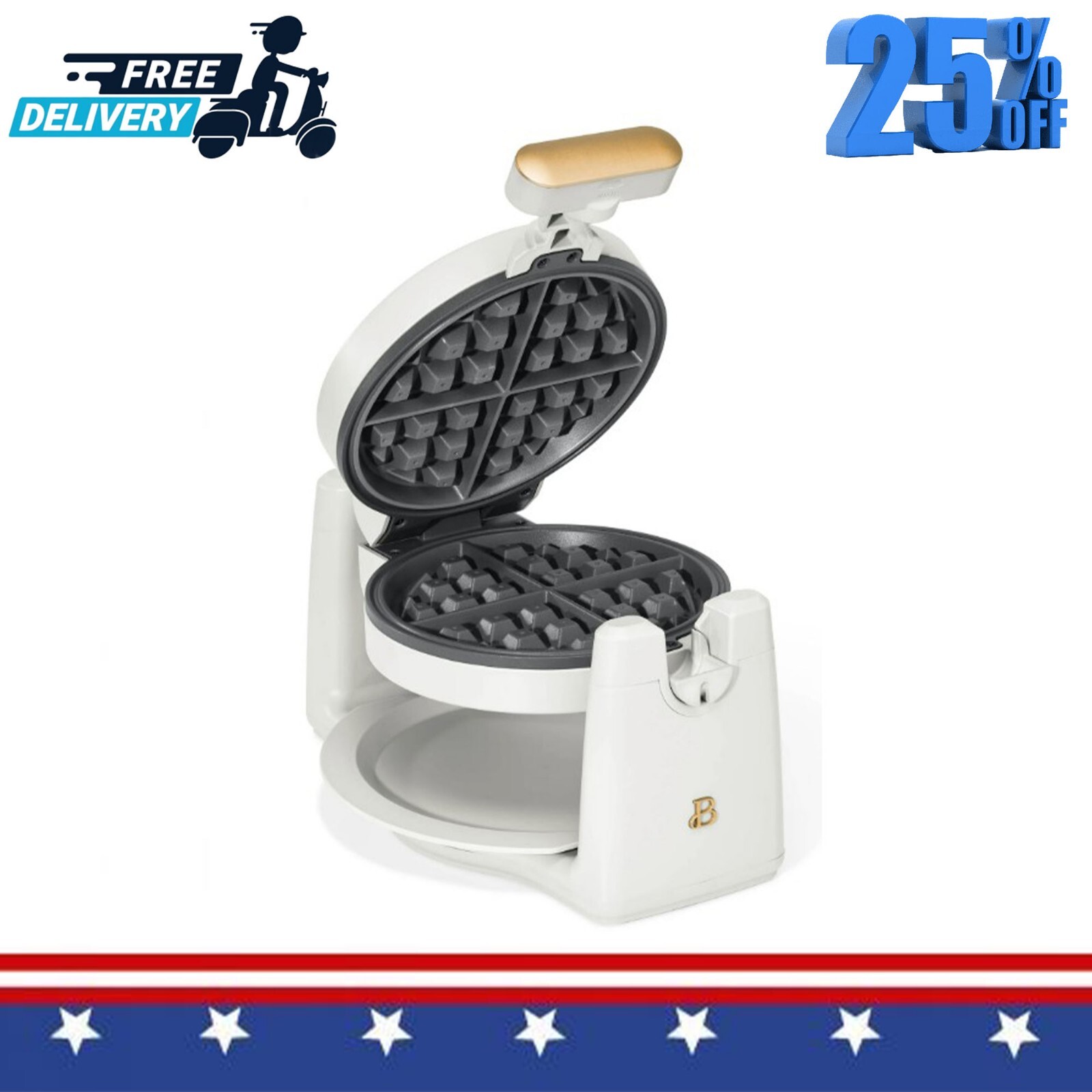 Drew Barrymore Nonstick Rotating Belgian Waffle Maker with White Icing Design-image