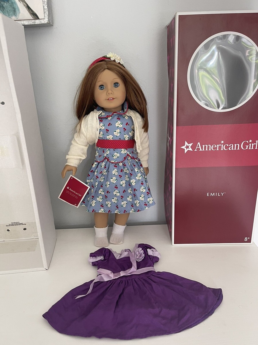 American Girl Doll Emily 18” Meet Outfit Headband Original Box Holiday  Dress Lot