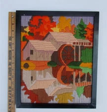 Vintage Longstitch Needlework Autumn Fall Colors Old Mill at Mill Pond Framed