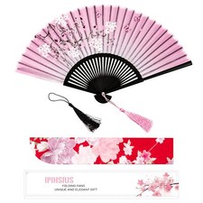 Folding Hand Fan Pink Silk Fabric Bamboo Ribs Hand Held Foldable Fan for Wedding