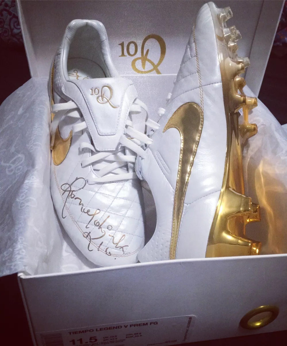 Nike Tiempo Legend V Prem FG Gold Ronaldinho Auto RARE Hand Signed R10 US 11.5