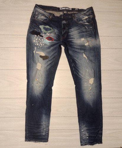 Billionaire Boys Club Jeans 38/34 Men Distressed Paint Plaid Button Fly - Picture 2 of 9