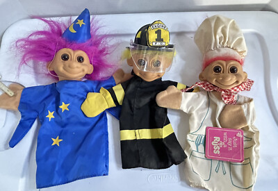 3 Puppets Vintage Russ 10'' Troll Fireman Cook Chef Wizard Child Sized Playtime
