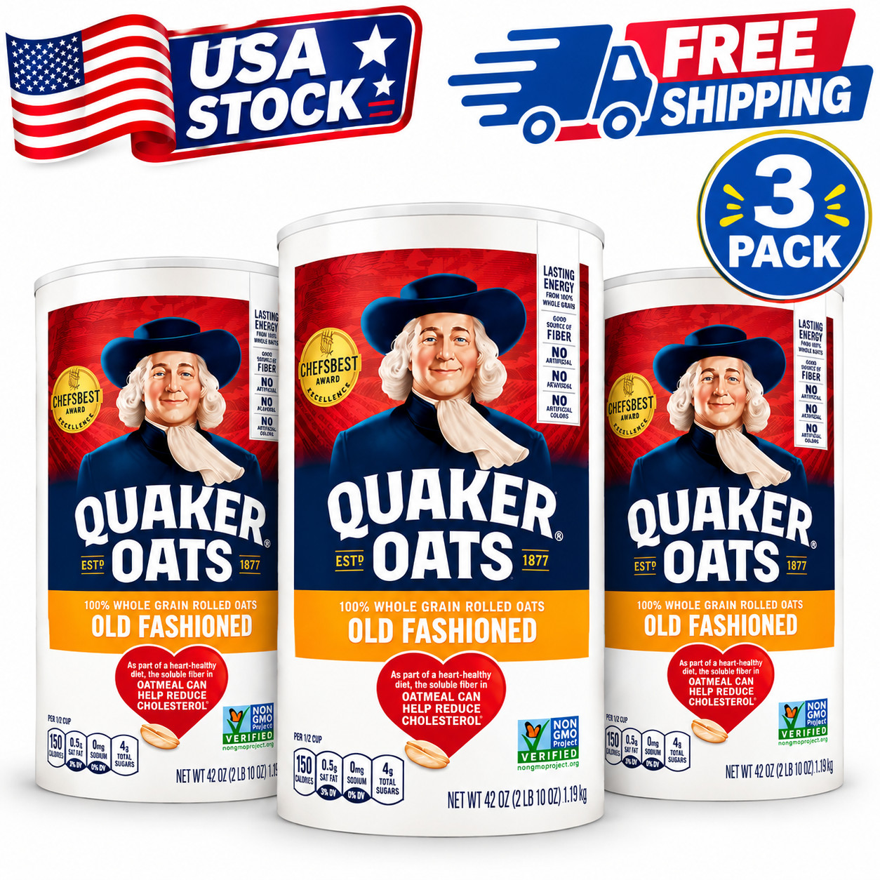(3 Pack) Quaker Old Fashioned Instant Whole Grain Oatmeal, 42 Oz Canister