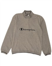 CHAMPION Mens Graphic Zip Neck Sweatshirt Jumper Small Grey Cotton OM12