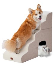 Beige Curved Dog Stairs Ramp for High Beds 28.7" H, 5-Step Dog Steps for Smal...