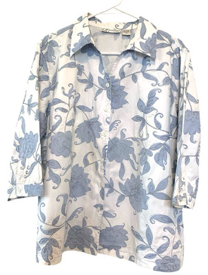 Dress Barn Embroidered Blouse 2X 100%Cotton White/Blue Florals Silver Threads