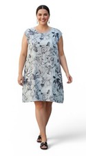 Lungo L'Arno Italy European Linen Shift Dress Floral Blue Cap Sleeve Sz 3X