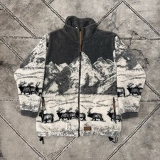 Vintage 80s 90s Deer Elk Snow Mountain All Over Print Zip Fleece Jacket - MEDIUM