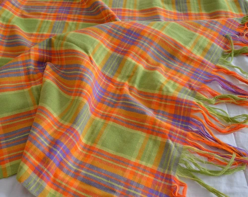 PLAID WOVEN TABLECLOTH FRINGED ORANGE GREEN PURPLE 56"X66" FARMHOUSE COUNTRY VG