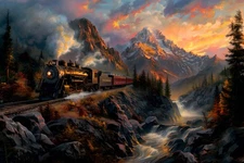 Home Decor Wall Art Steam Train Sunset Landscape Canvas Art Prints Painting 217
