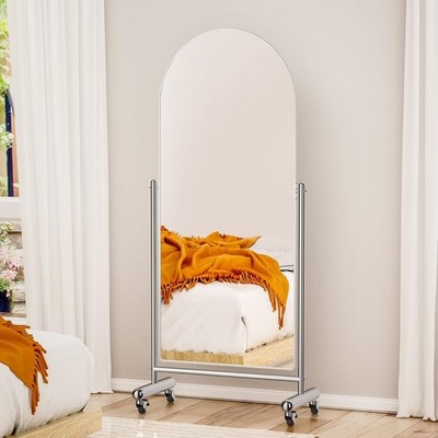 Large Arched Full Length Mirror on Wheels, Rolling Tilting Swivel Floor Mirro...