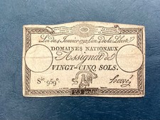 ~ 1792 France Assignat 25 Sols - French Revolution Banknote - FREE US SHIPPING