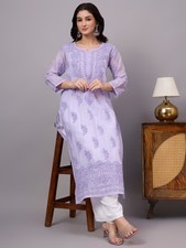 Women's Ethnic Cotton Chikankari Kurti with inner Lavender, Hand Embroidered