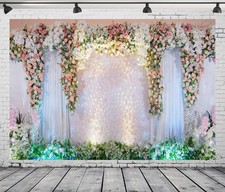 White Stage Curtain Wedding Backdrop Pink Rose Flowers Photo Background