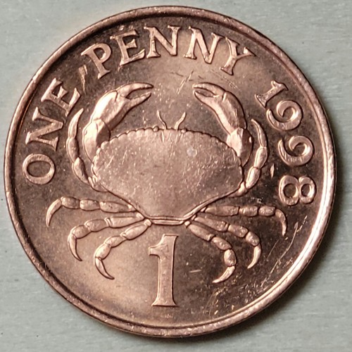 1998 Guernsey ~ 1 One Penny Coin ~ BU - Edible Crab ~ UK - Channel Islands