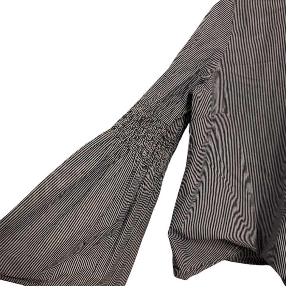 M&S Limited Edition Blue White Stripe Blouse UK 12 Bell Sleeve 100% Cotton - Image 2 of 4