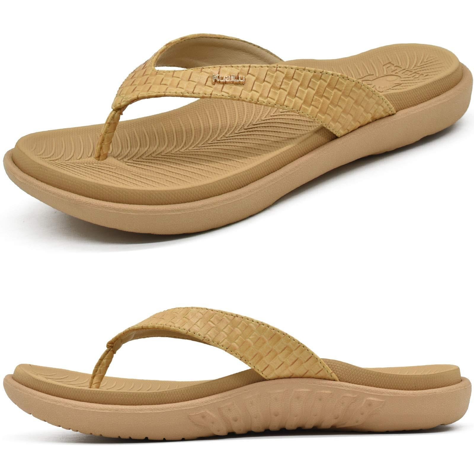 KuaiLu Women's US 10 Beige Flip-Flops Leather Toe Separator With Arch Support F