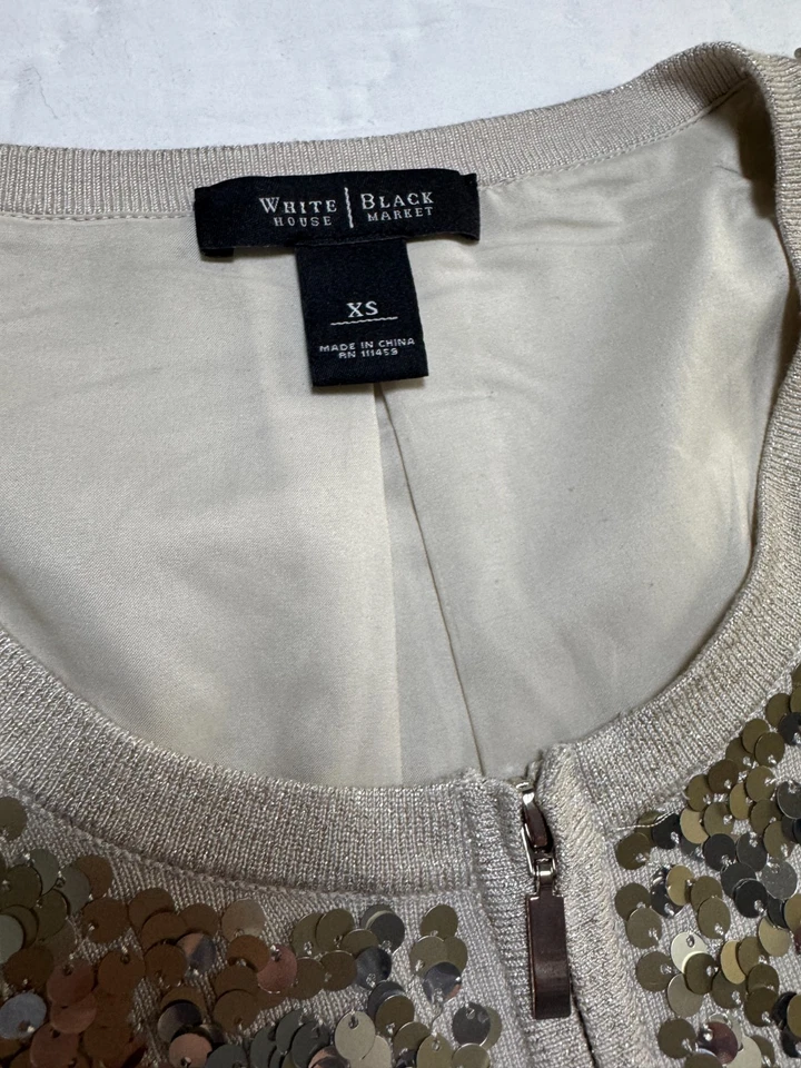 Suéter de mujer White House Black Market cremallera completa dorado lentejuelas manga larga XS Foto 4 de 4