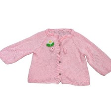 Hand Knit Girls XS 4  5 Pink Cardigan Sweater Button Front Floral Cottagecore
