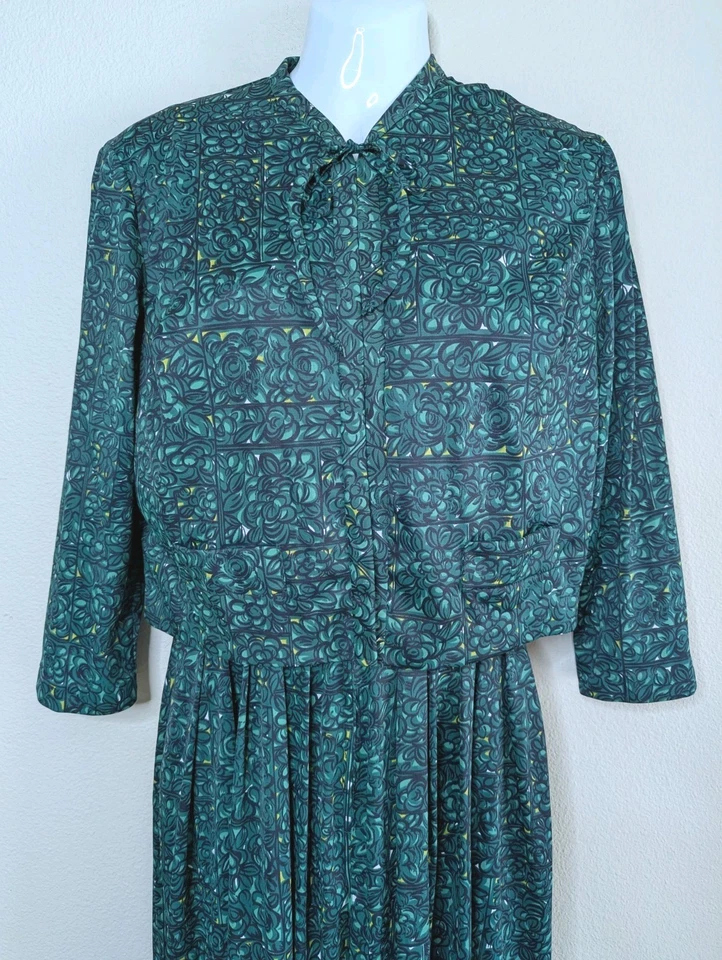 Винтажный 60-х мягкий нейлон Shelton прогулочная коляска зеленый ретро цветочный 2 изделия платье комплект A1 - Изображение 2 из 4