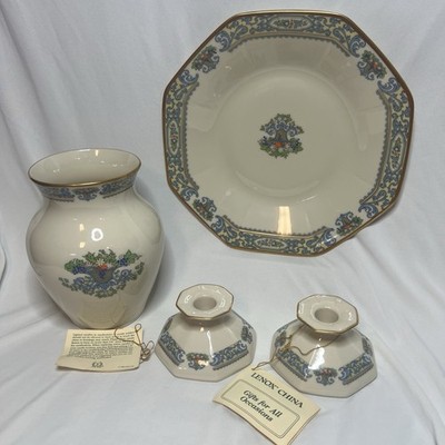Lennox Autumn Octagonal Server Large Vase 24k Gold Trim 2 Candlestick Holders