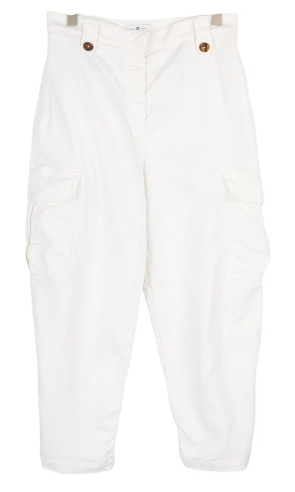 PT Torino Zoe Femmes Pantalon 46 Blanc Lin Mélange Taille Haute Slim Cargo - Photo 1/4