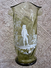 Antique Victorian Bohemian Mary Gregory Green Glass Vase - Boy with Hoop, 22.5cm