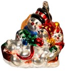 Blown Glass Large Christmas Ornament. Snowman Family of 4 Sledding. 4.75”x4.5”