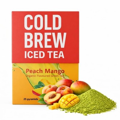 ICED TEA Cold Brew PEACH MANGO GREEN Tea w/ Matcha 25 Bags Harmony Organic