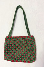 Purse Macrame Bohemian Handbag Green and Red Diamond HANDMADE 70s