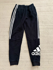 adidas Boys Black Jogger Pants White 3-Stripes Logo Drawstring Size L