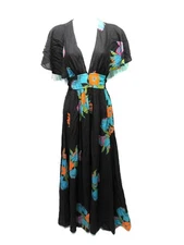 Vintage 70s Young Edwardian XS 11 Black Floral Empire Maxi Dress Boho Cottage