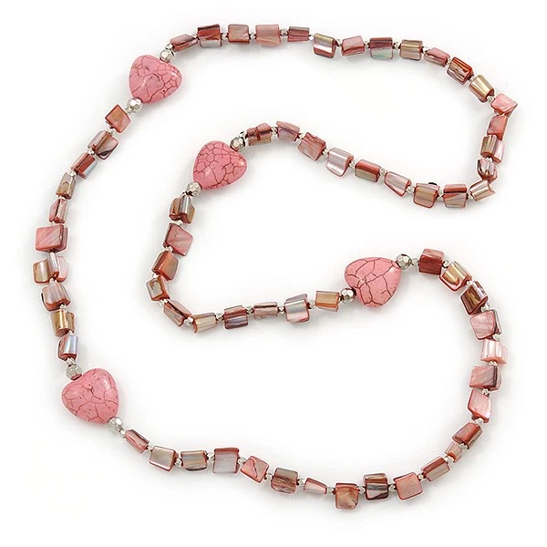 Dusty Pink Shell Nugget With Stone Hearts Necklace - 76cm L - Image 4 of 4
