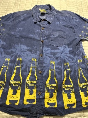 Corona Extra Beer Bottles Shirt Men XL Blue Gold Aloha Vacay Palm Tree Button Up